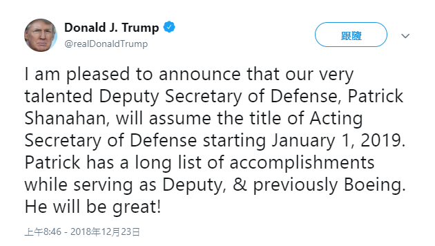 特朗普在Twitter表示，副國防部長沙納漢將於明年1月1日起署任國防部長。(Twitter)