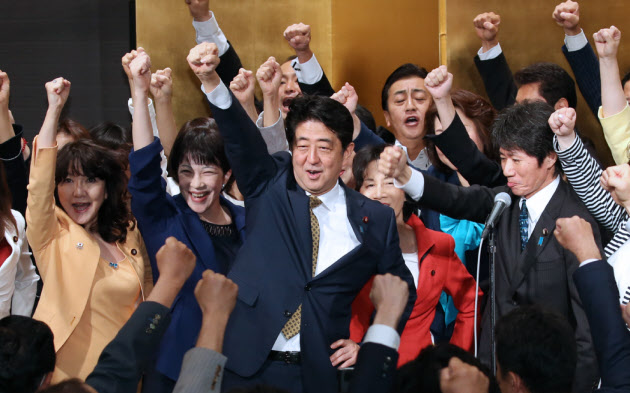 安倍晉三(中)第3度當選，可執政至2021年，成為日本史上最長任期的首相。
