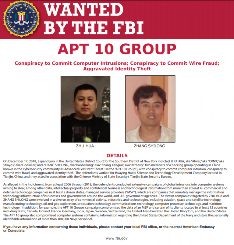 美國司法部起訴朱華(左)和張士龍(右)，指他們涉嫌替中國政府當黑客，入侵美國政府機構及公司電腦竊取資料。(FBI)