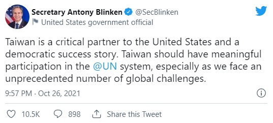 布林肯在發表聲明後，繼續在社交體發表支持台灣言論。﹙互聯網﹚