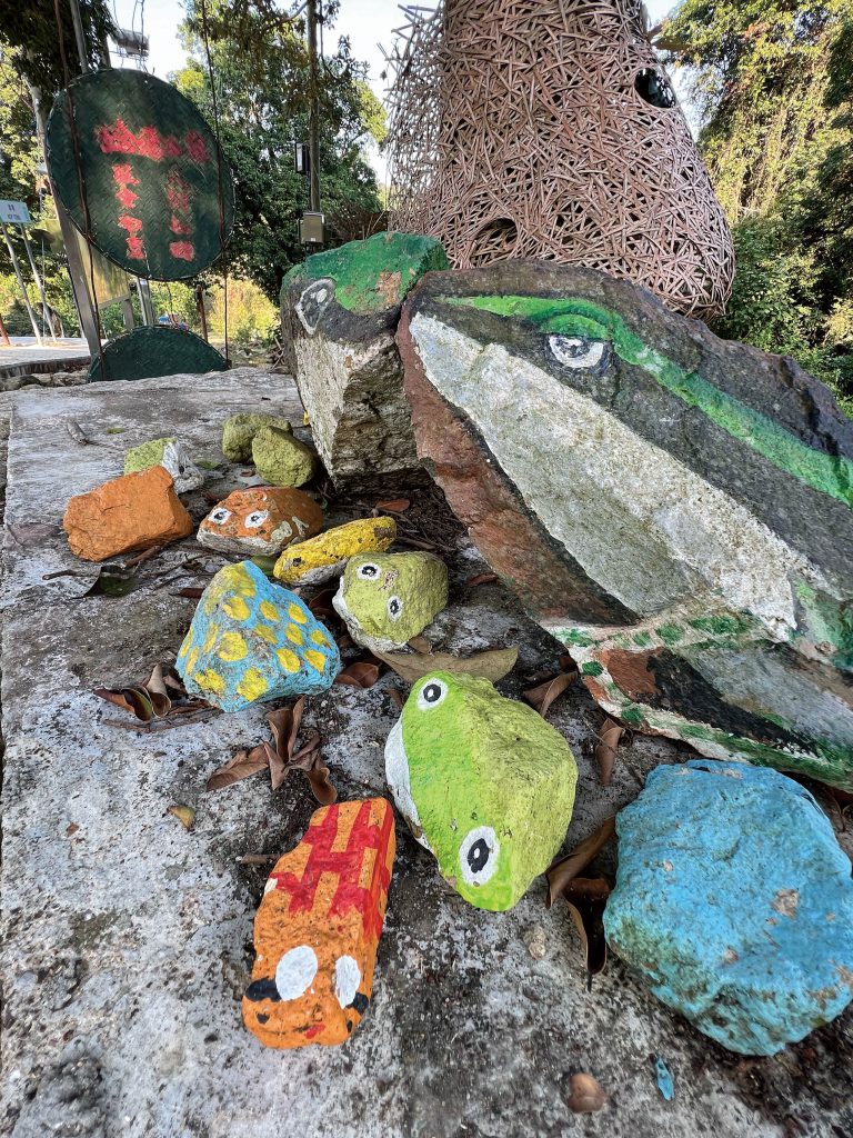 把石頭畫成青蛙模樣，十分有趣。
