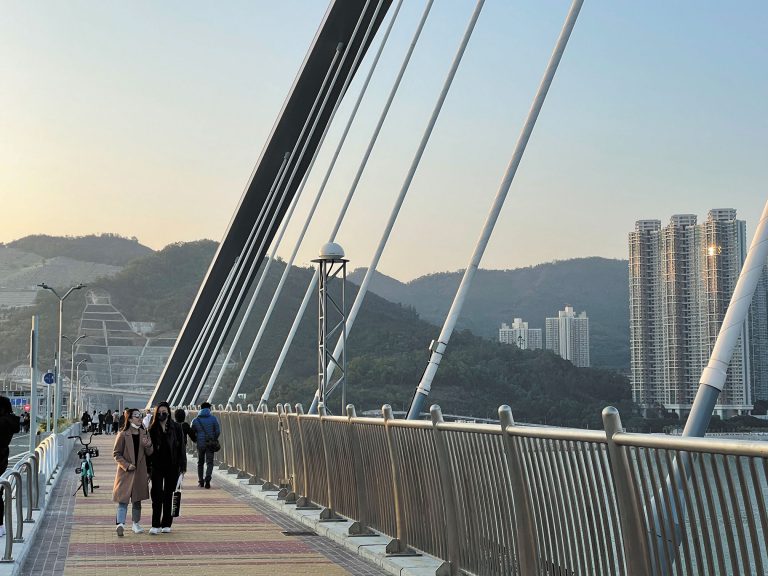 大橋屬於行車，單車及行人三用設計，不騎單車也可在橋上散步漫行。
