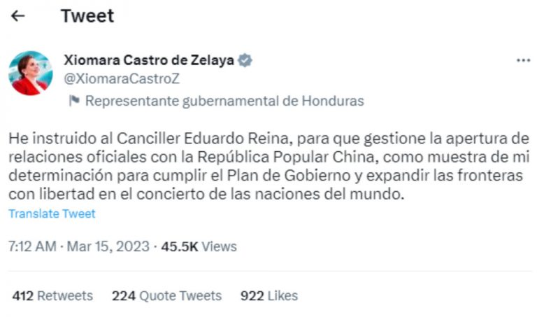 洪都拉斯總統卡斯特羅（Iris Xiomara Castro Sarmiento）在其社交網站發布相關消息。