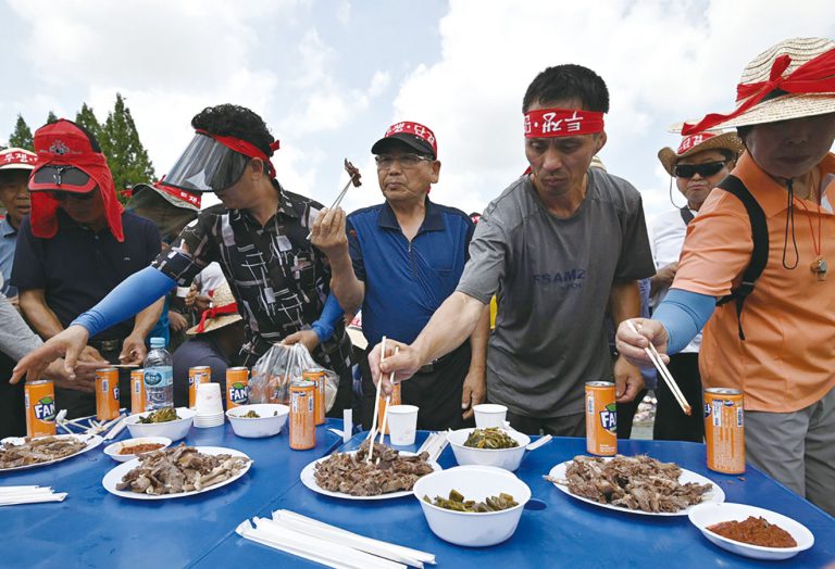 有南韓狗農於反對食狗會場外，舉辦狗肉試食大會。