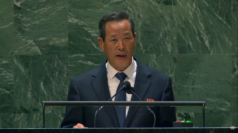 北韓駐聯合國大使金星批評南韓和美國等敵對勢力，對北韓的軍事行動和挑釁行為變本加厲。（youtube影片截圖）